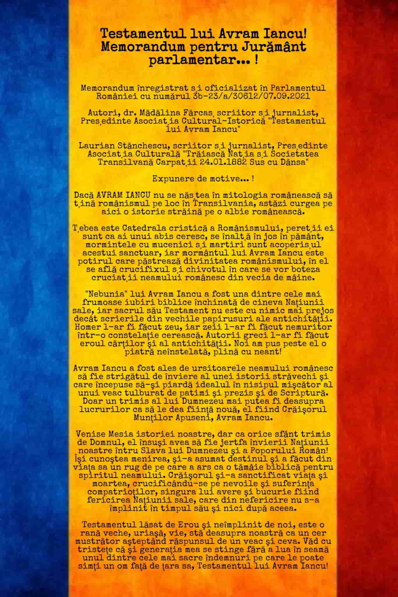 Luni, 4 octombrie 2021, se depune în Parlamentul României "Testamentul lui  Avram Iancu! Memorandum pentru Jurământ parlamentar… !"